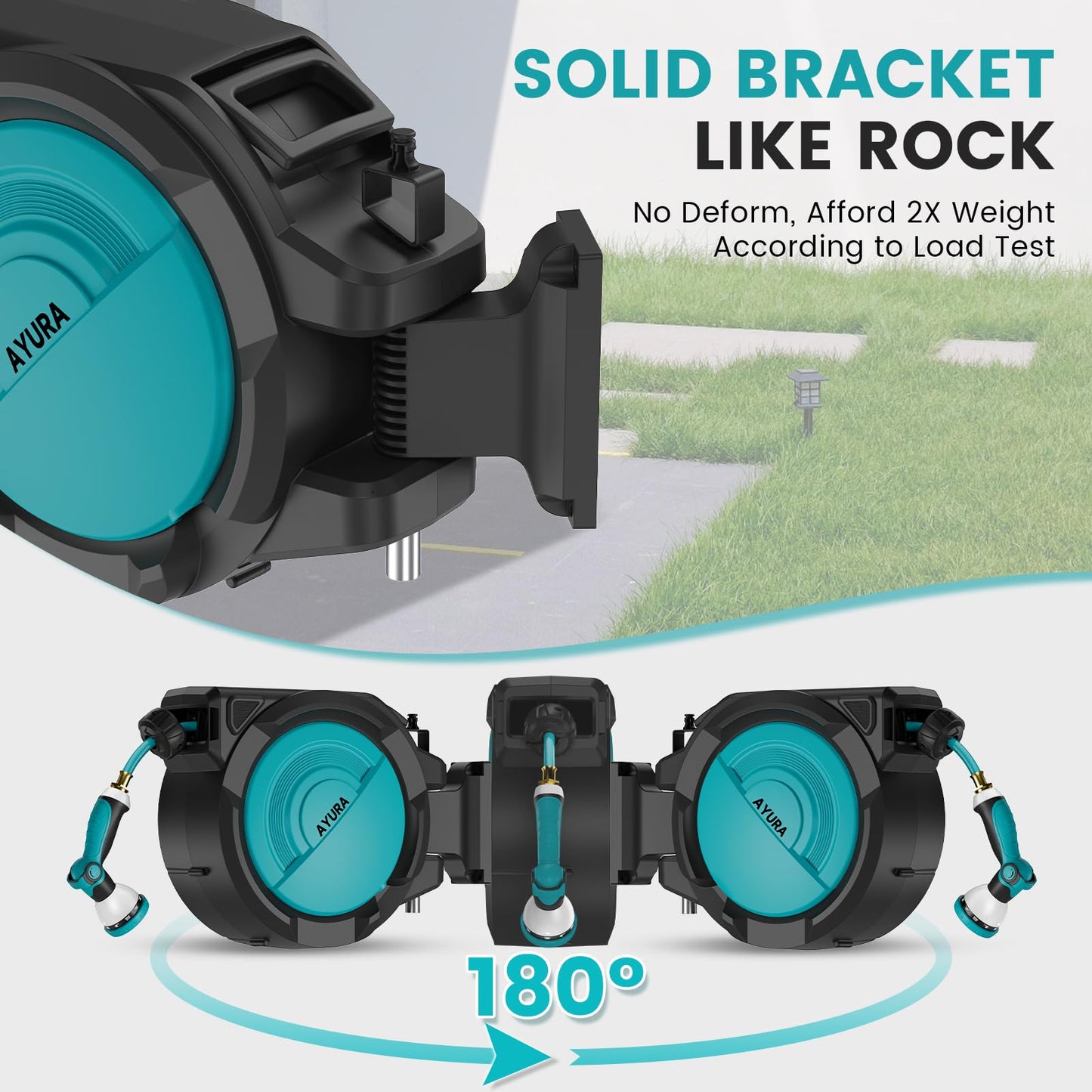 AYURA Retractable Garden Hose Reel, 1/2 inch x 100 ft Water Hose Reel Wall Mounted, UV Resistant Double Shell, Any Length Lock, Slow Auto-Rewind, 180°Swivel Bracket, 10 Pattern Nozzle