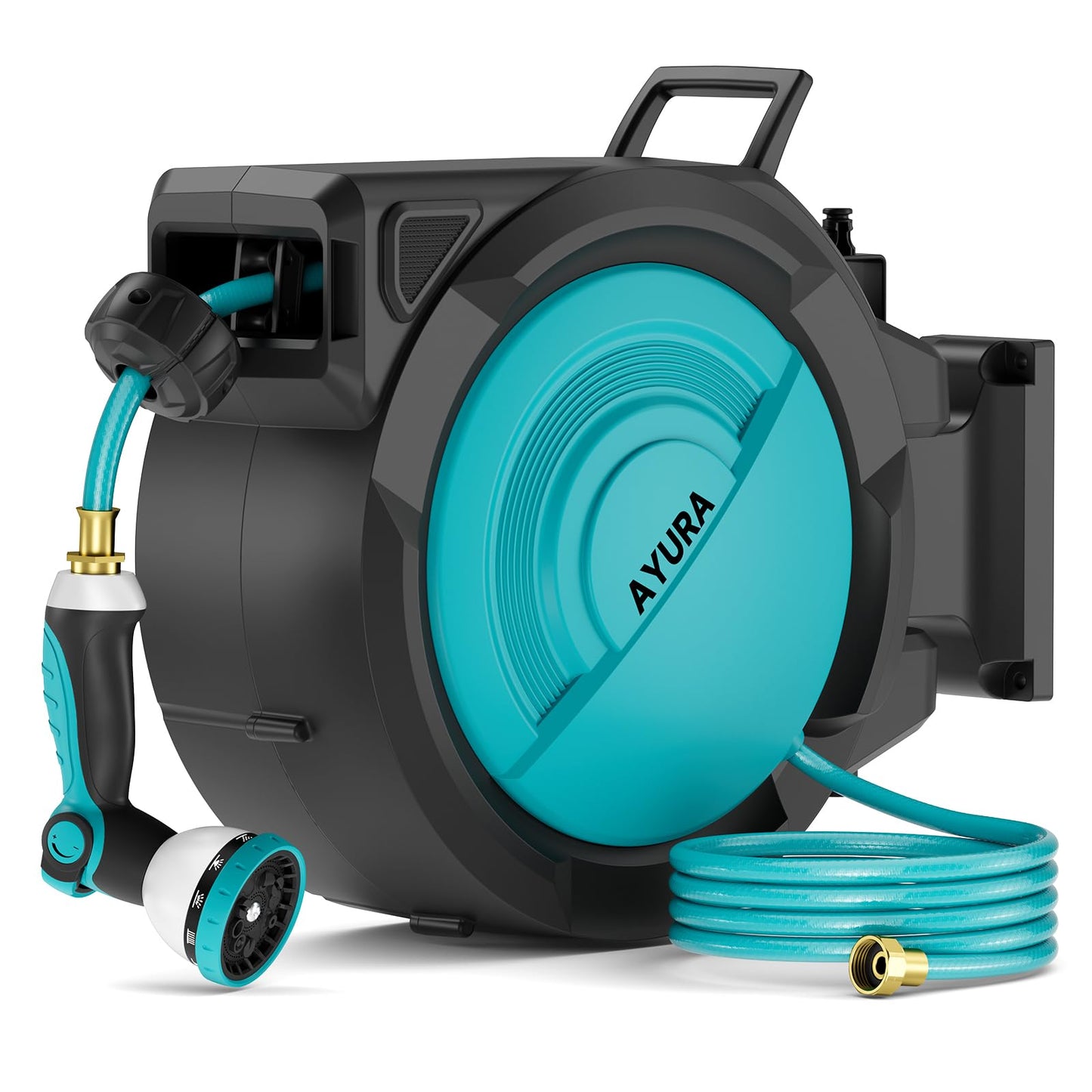 AYURA Retractable Garden Hose Reel, 1/2 inch x 100 ft Water Hose Reel Wall Mounted, UV Resistant Double Shell, Any Length Lock, Slow Auto-Rewind, 180°Swivel Bracket, 10 Pattern Nozzle