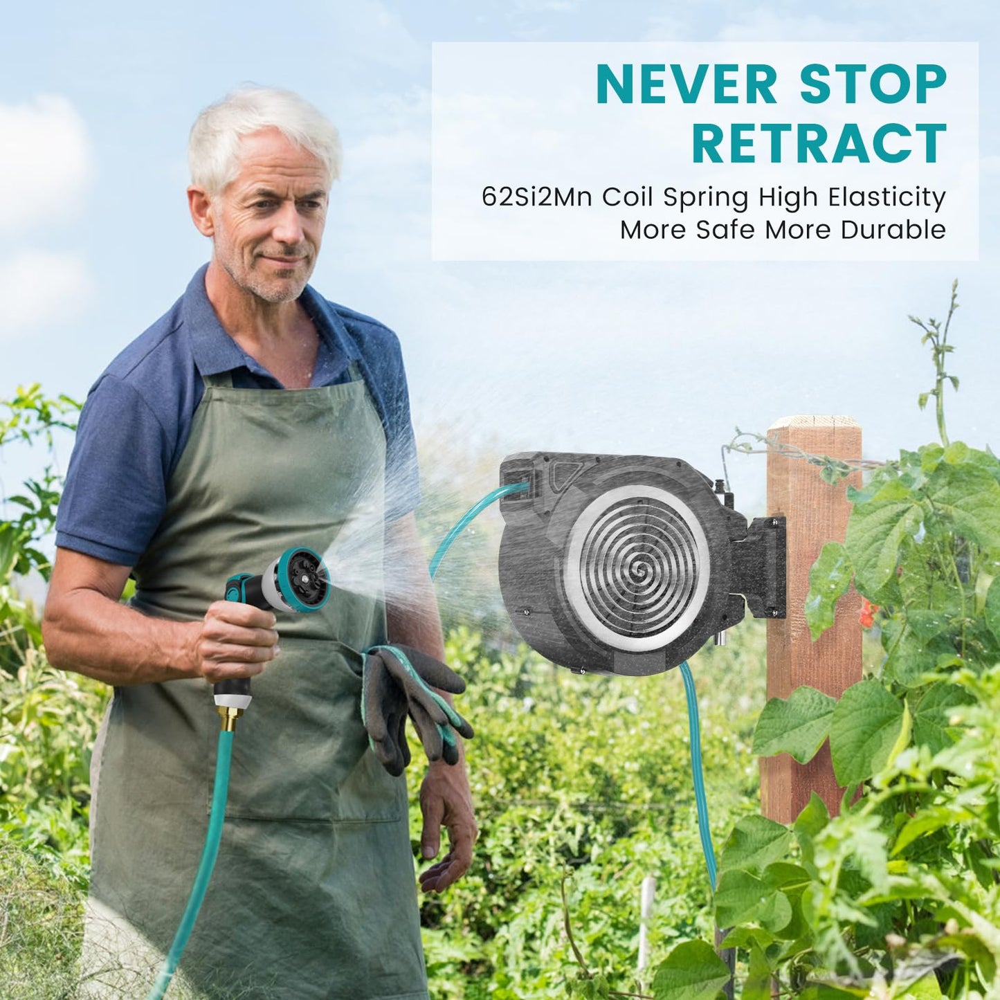 AYURA Retractable Garden Hose Reel, 1/2 inch x 100 ft Water Hose Reel Wall Mounted, UV Resistant Double Shell, Any Length Lock, Slow Auto-Rewind, 180°Swivel Bracket, 10 Pattern Nozzle