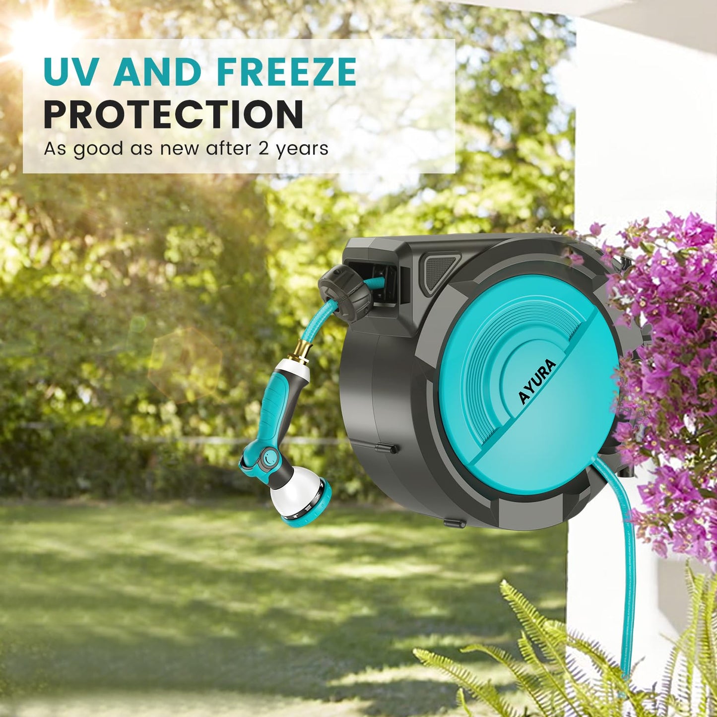 AYURA Retractable Garden Hose Reel, 1/2 inch x 100 ft Water Hose Reel Wall Mounted, UV Resistant Double Shell, Any Length Lock, Slow Auto-Rewind, 180°Swivel Bracket, 10 Pattern Nozzle