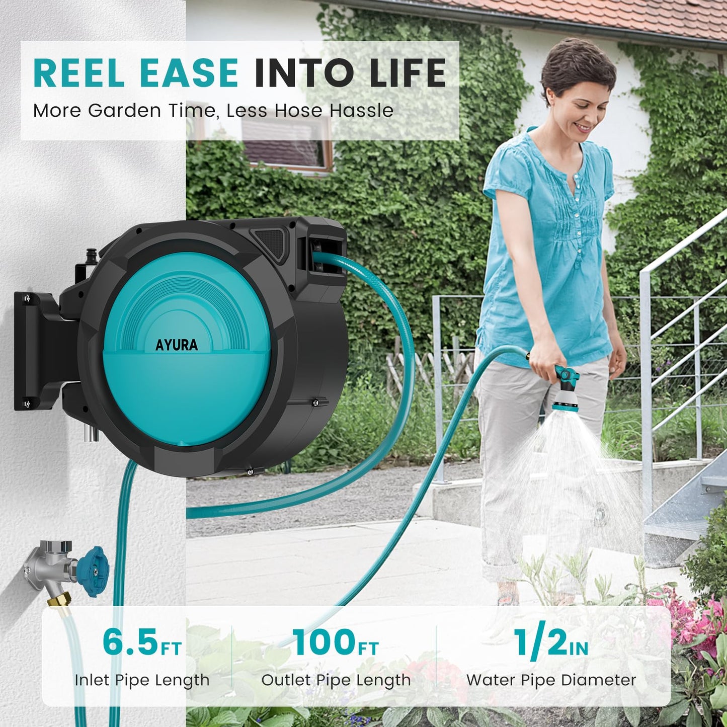 AYURA Retractable Garden Hose Reel, 1/2 inch x 100 ft Water Hose Reel Wall Mounted, UV Resistant Double Shell, Any Length Lock, Slow Auto-Rewind, 180°Swivel Bracket, 10 Pattern Nozzle