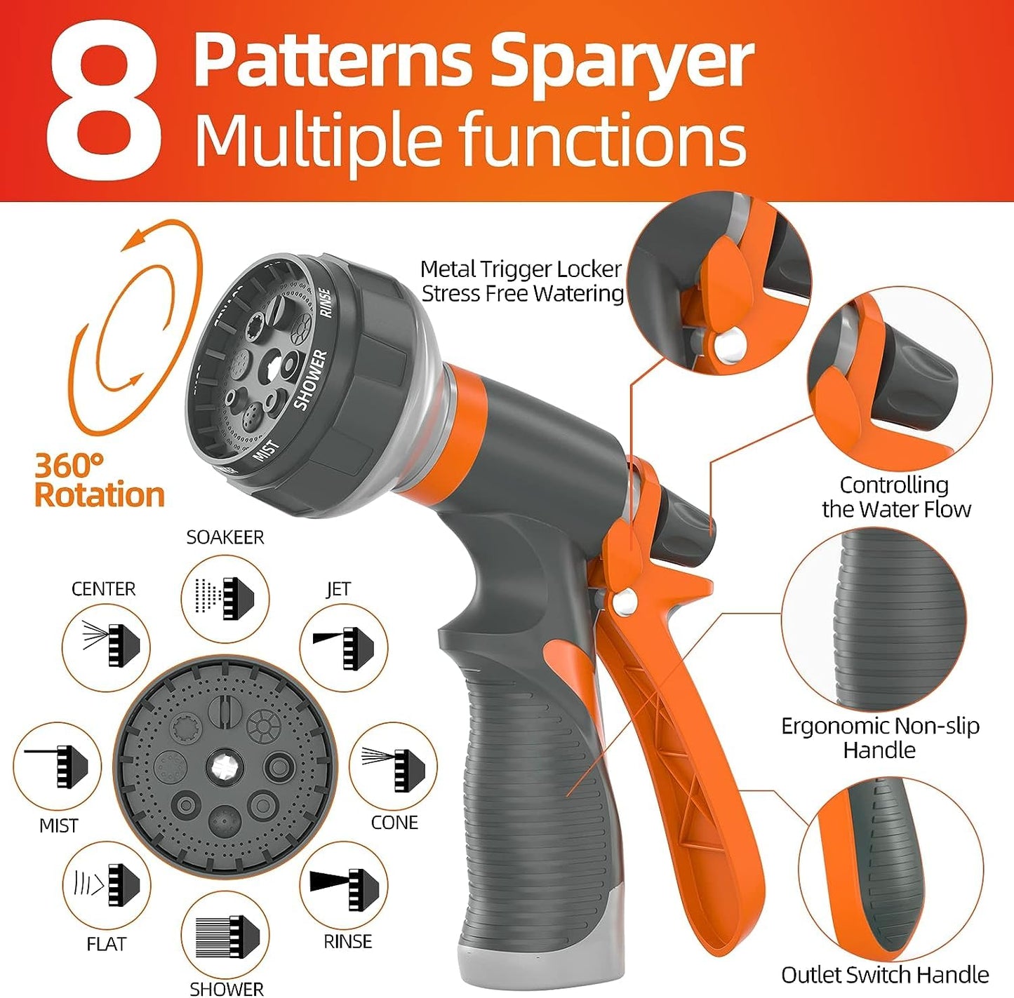 SPECILITE Garden Water Hose 200 ft x 5/8 in Heavy Duty, Flexible and Lightweight, Burst 600 psi, Kink-less Hybrid Rubber Pipe for Backyard, 3/4'' Brass Fittings, Orange