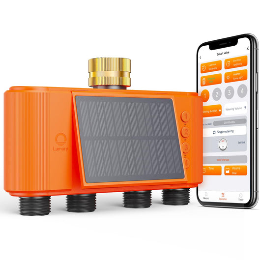 Lumary Solar WiFi Sprinkler Timer 4 Zone w/Water Flow Meter, Smart Water Timer for Garden Hose w/Adjustable 90° Panel, APP Automatic Irrigation Controller System for Lawns Yard, No Need Hub