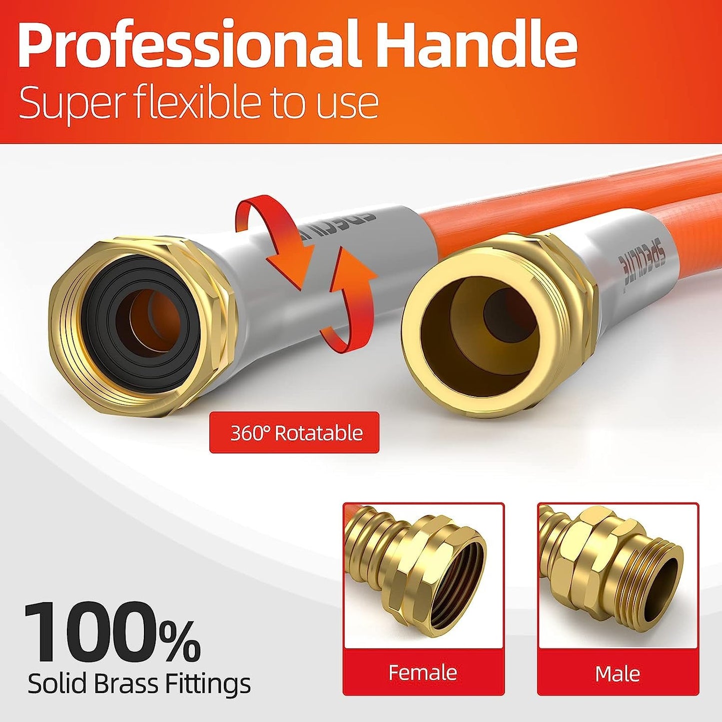 SPECILITE Garden Water Hose 200 ft x 5/8 in Heavy Duty, Flexible and Lightweight, Burst 600 psi, Kink-less Hybrid Rubber Pipe for Backyard, 3/4'' Brass Fittings, Orange
