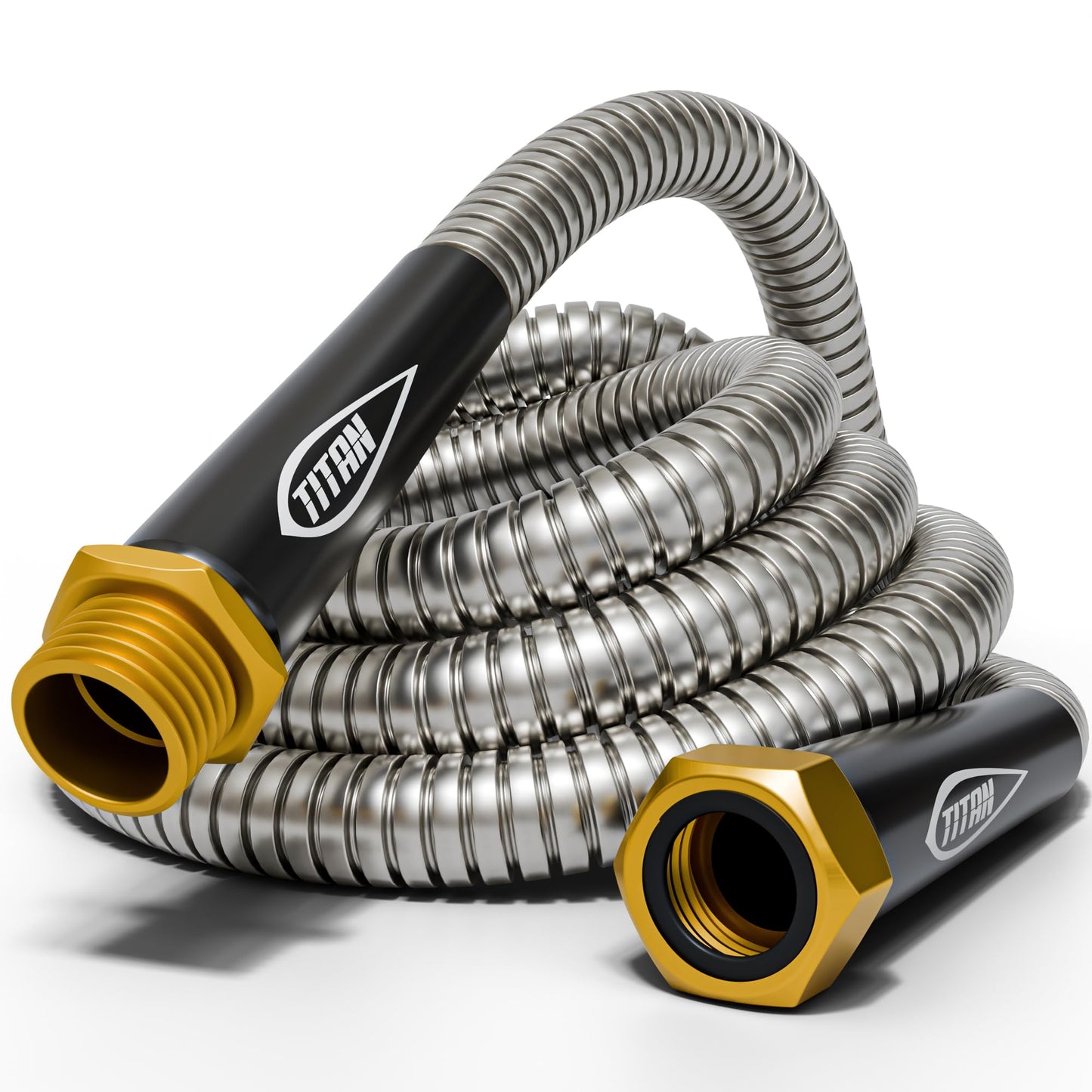 TITAN Garden Hose 200FT - 304 Stainless Steel Metal Water Hose, Flexible, Kink-Free, Lightweight, Durable, Crush Resistant Fittings, Easy to Coil, 500 PSI