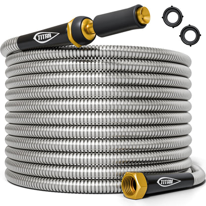TITAN Garden Hose 200FT - 304 Stainless Steel Metal Water Hose, Flexible, Kink-Free, Lightweight, Durable, Crush Resistant Fittings, Easy to Coil, 500 PSI