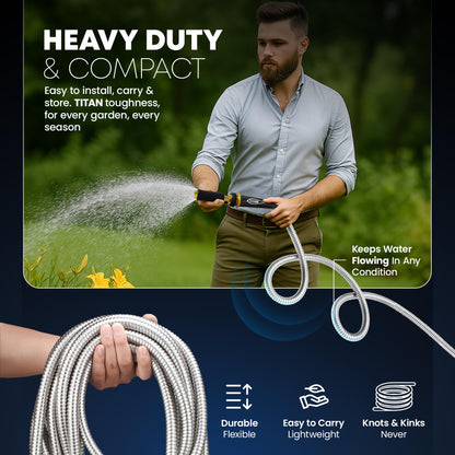 TITAN Garden Hose 200FT - 304 Stainless Steel Metal Water Hose, Flexible, Kink-Free, Lightweight, Durable, Crush Resistant Fittings, Easy to Coil, 500 PSI