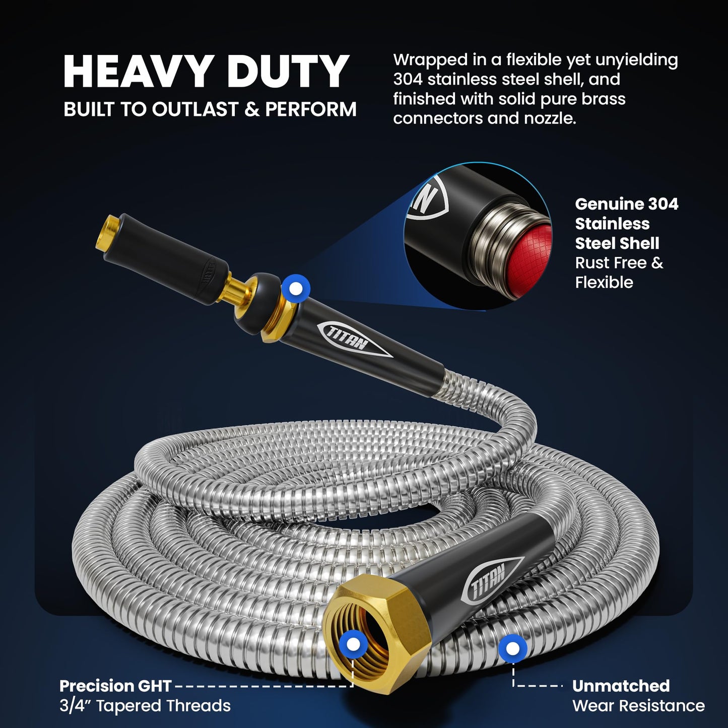 TITAN Garden Hose 200FT - 304 Stainless Steel Metal Water Hose, Flexible, Kink-Free, Lightweight, Durable, Crush Resistant Fittings, Easy to Coil, 500 PSI
