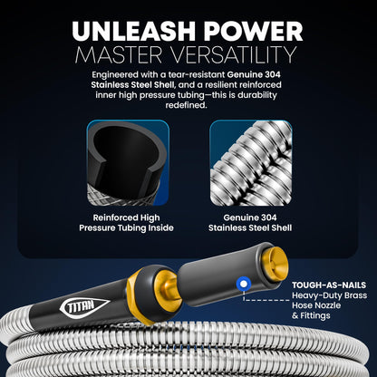 TITAN Garden Hose 200FT - 304 Stainless Steel Metal Water Hose, Flexible, Kink-Free, Lightweight, Durable, Crush Resistant Fittings, Easy to Coil, 500 PSI
