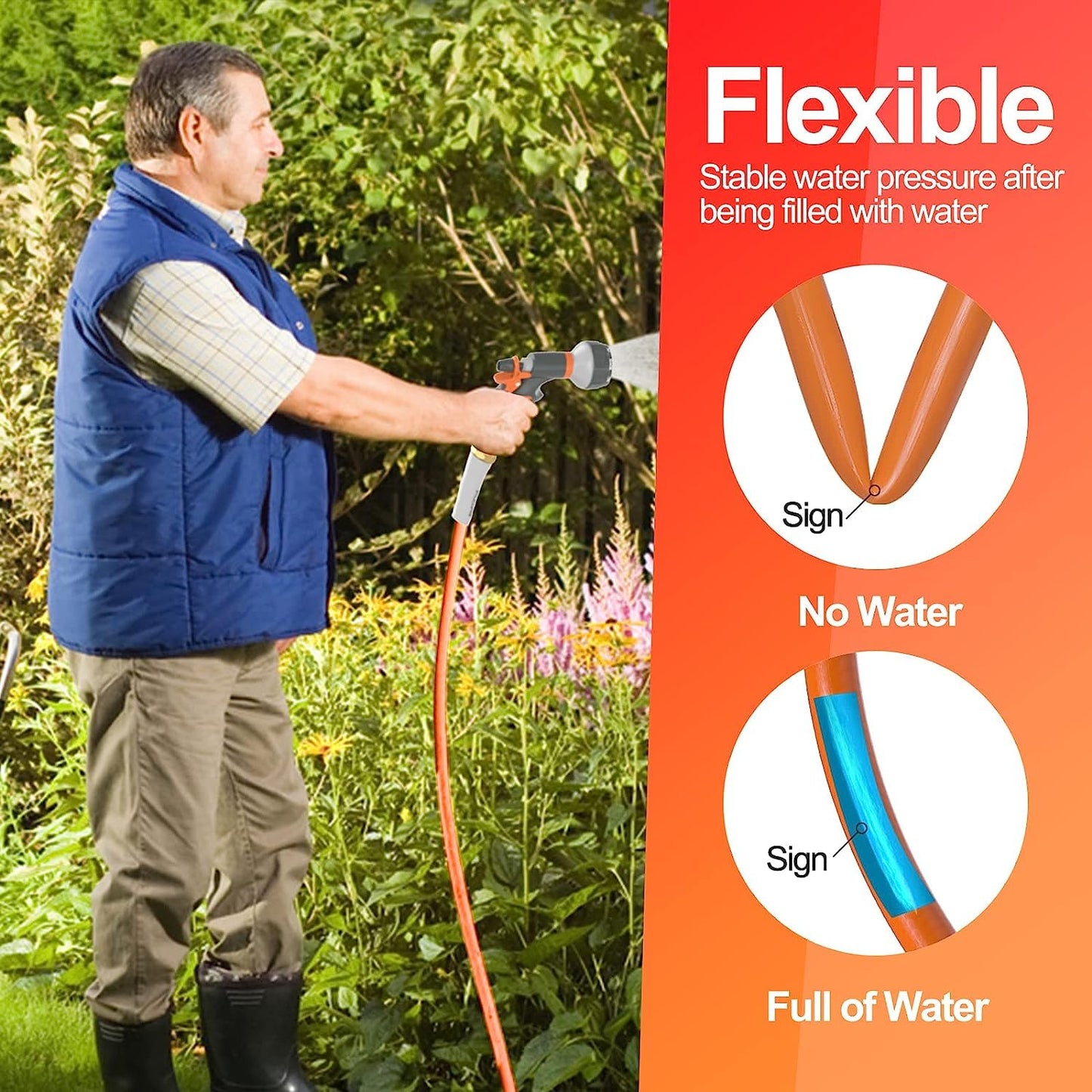 SPECILITE Garden Water Hose 200 ft x 5/8 in Heavy Duty, Flexible and Lightweight, Burst 600 psi, Kink-less Hybrid Rubber Pipe for Backyard, 3/4'' Brass Fittings, Orange