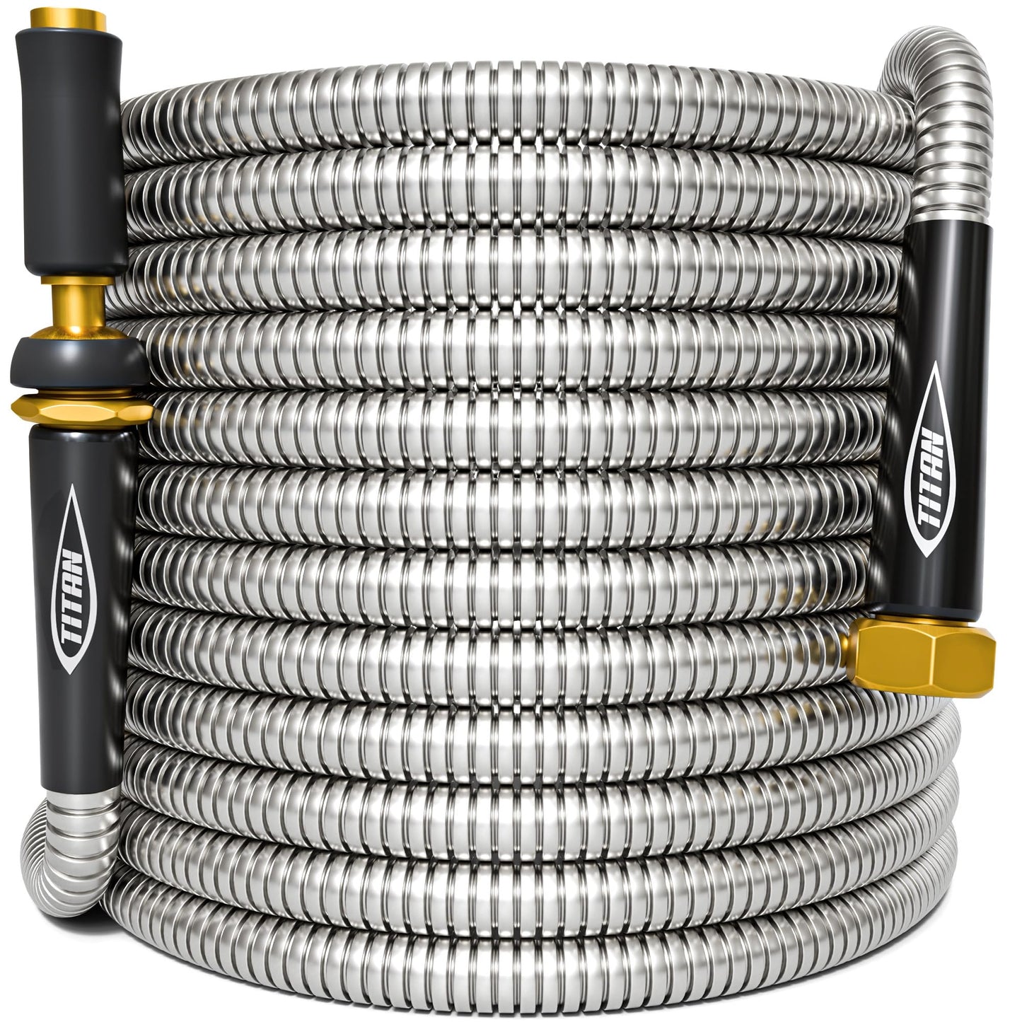 TITAN Garden Hose 200FT - 304 Stainless Steel Metal Water Hose, Flexible, Kink-Free, Lightweight, Durable, Crush Resistant Fittings, Easy to Coil, 500 PSI